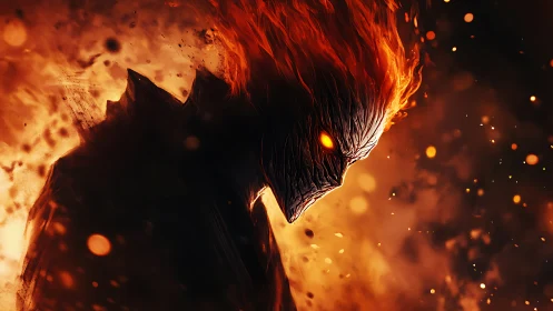 Silhouetted fiery humanoid figure with molten textured head.