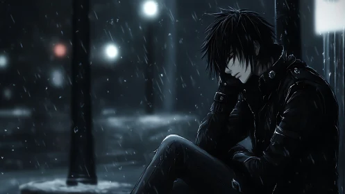 Brooding dark-haired youth sits alone in cold urban rain