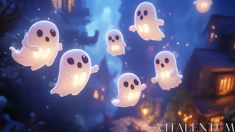 Playful little ghosts drift through a cozy moonlit village.
