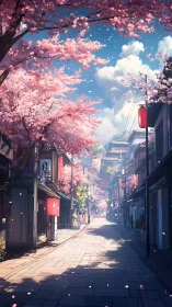 Cherry blossom street frames tranquil sunlit alleyway.