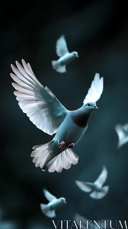 Iridescent dove in mid-flight amid softly blurred flock.