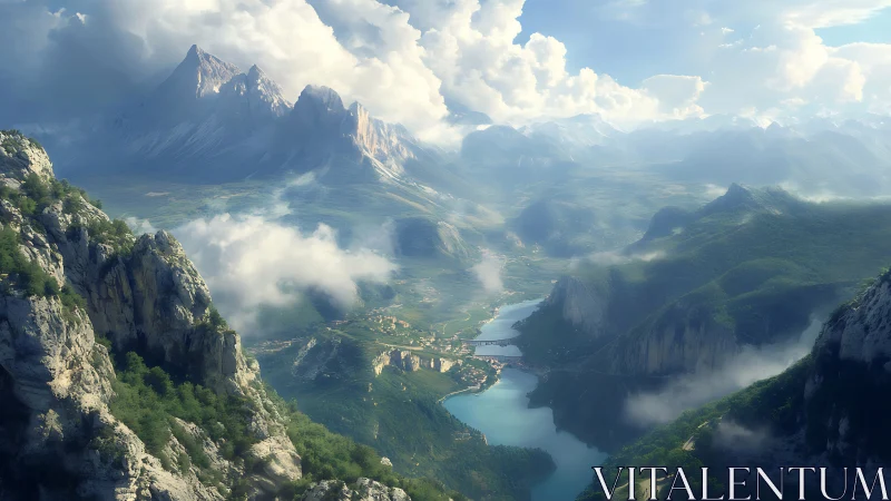 Cloud-draped valley realm with sapphire river and secret town.