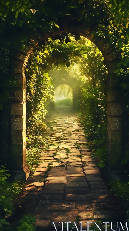 Sunlit garden arches leading toward a quiet hidden path.