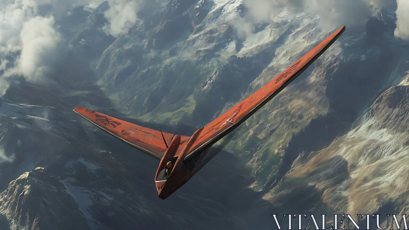 Red stealth glider knifes through sunlit alpine canyon.