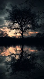 Silhouetted tree reflects in still lake under stormy dusk sky