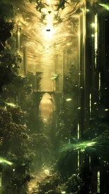 Golden forest city glows softly beneath a radiant sky