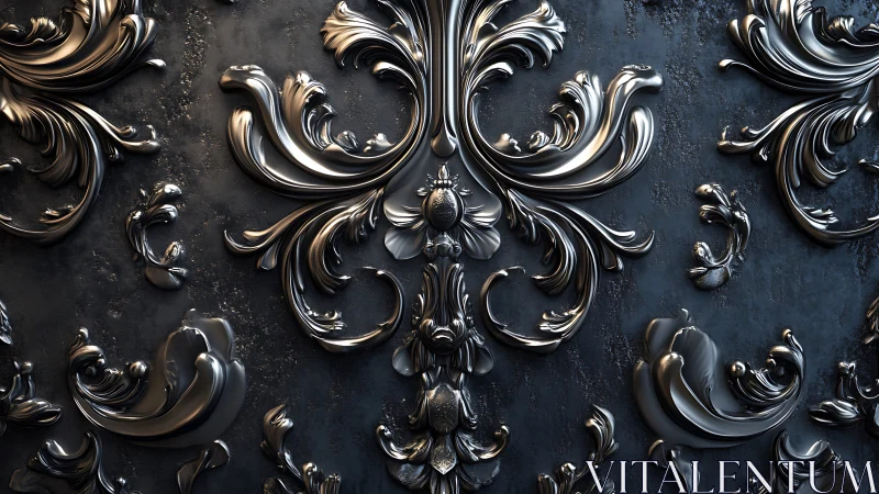 Baroque metallic scrollwork relief on dark textured wall