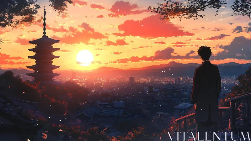 Anime city sunset panorama uniting pagoda silhouette and viewer