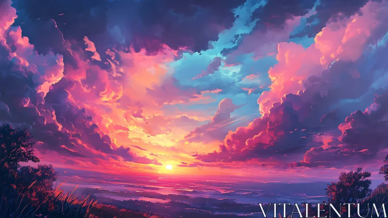 Vivid digital sunset sky with glowing clouds and horizon.