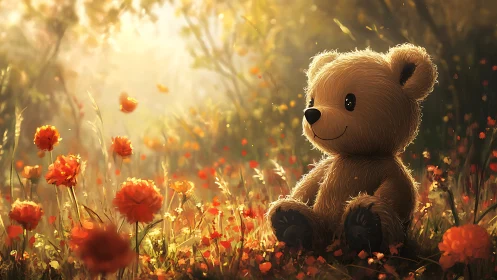 Teddy bear in golden backlit meadow with warm bokeh glow.