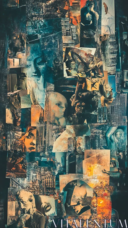 Urban surreal collage layers fractured faces and city shadows.