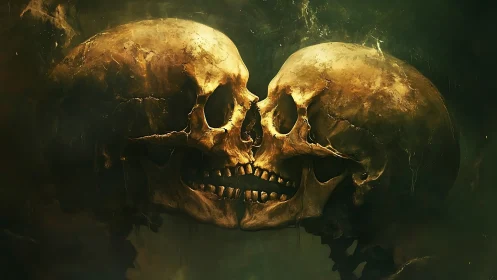 Interlocking skulls in ochre light within murky void.