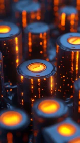 Glowing battery cells emit vivid orange industrial energy