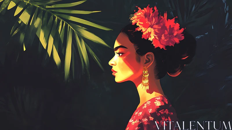 Woman in profile stands in dappled jungle light with flowers