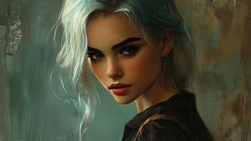 Silver-haired portrait glows with moody teal brushwork.