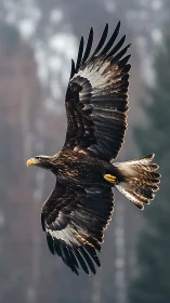 Majestic eagle glides over soft forest backdrop in flight.