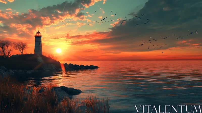 Sunset sentinel lighthouse bathing in ember-tinted tides.