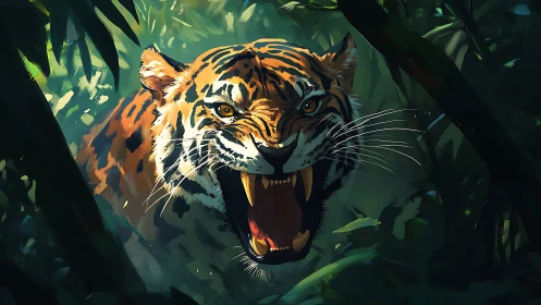 Snarling tiger lunges through dense jungle in dynamic lighting