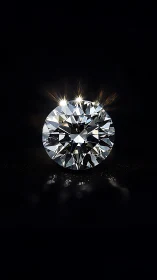 Single round cut diamond glowing on dark black background.
