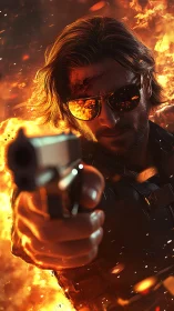 Action gunman amid explosive flames in intense standoff.