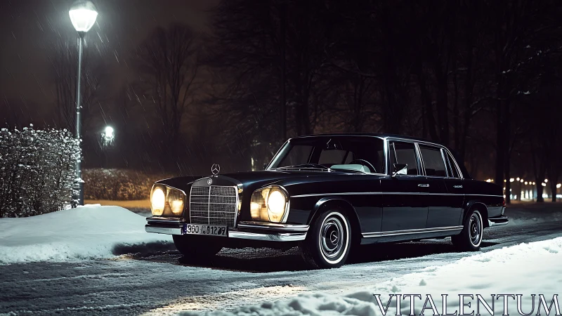 Elegant vintage sedan glows softly in a quiet snowy night