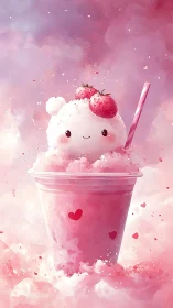 Cute strawberry ice bear in pink dessert cup illustration