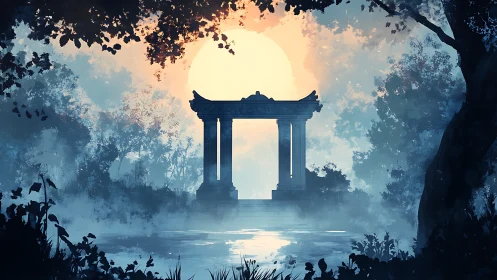 Moonlit ruins over misty forest lake in soft gradients.