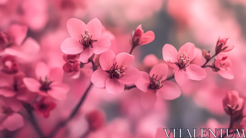 Pink blossoms bloom in soft focus nature scene.