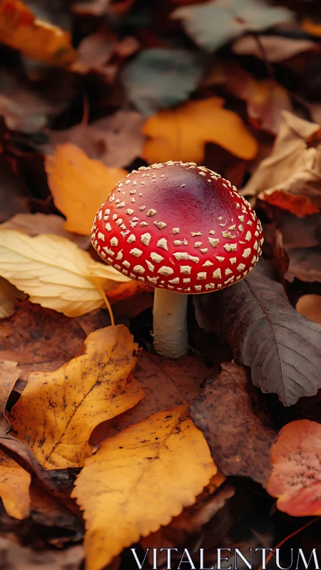 Photorealistic fly agaric amid layered autumn leaf litter.