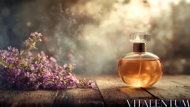 Golden perfume bottle glows beside fragrant purple flowers