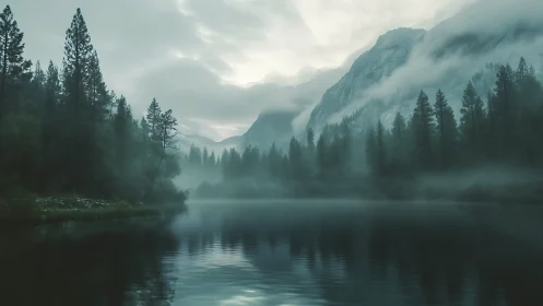 Mist-draped mountain lake wrapped in quiet morning calm.
