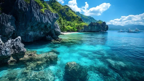 Limestone Cliffs Meet Turquoise Waters in Tropical Island Cove.