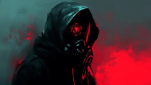 Hooded gasmask figure in crimson backlight portrait rendering.