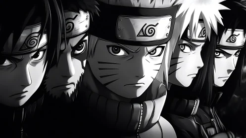 Monochrome lineup of five stylized ninja headband wearers.