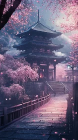 Pagoda pathway under dense pink cherry blossom canopy.
