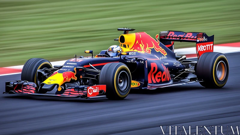 Red Bull Formula 1 car on track at high racing speed.