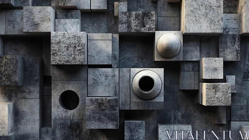 Concrete cubes and spheres form a stark geometric relief wall