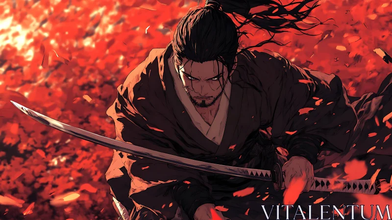 Samurai in dynamic low-angle charge amid red foliage vortex.