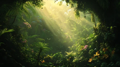Rainforest Canopy: Golden Rays Through Dense Jungle.