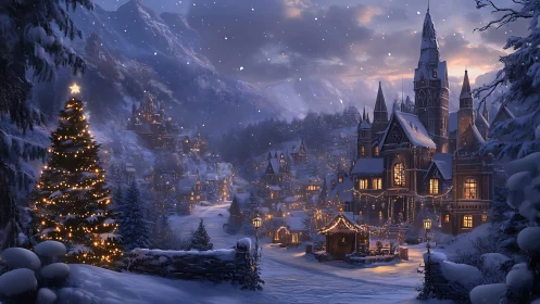 Snow covered village square glows with warm festive lights