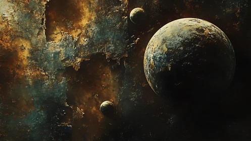Rust colored alien planet with three moons in dark space.