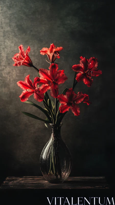 Scarlet Blooms Dance in Obsidian Glass Depths