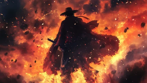 Sword-bearing wanderer strolls through a collapsing inferno