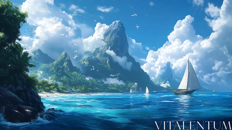 Sapphire-sailed escape beneath cloud-cradled emerald peaks.