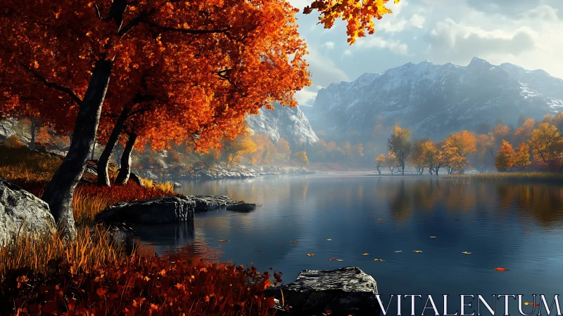 Crimson autumn trees embrace a glassy alpine lake in hush.