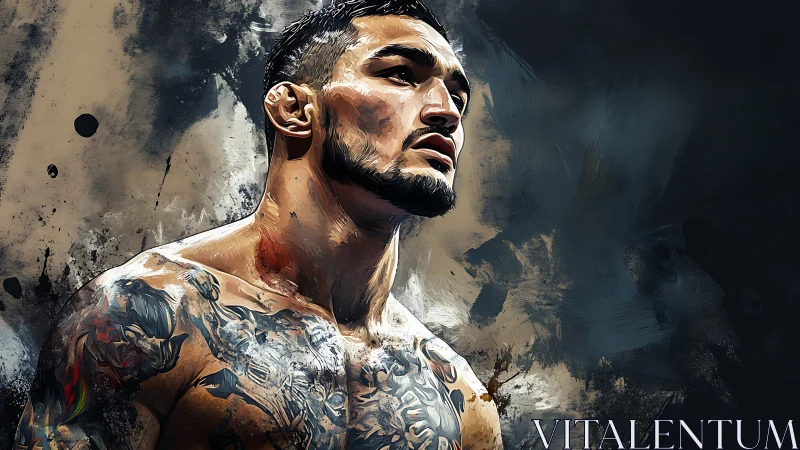 Tattooed Man in Profile Against Textured Grunge Background.