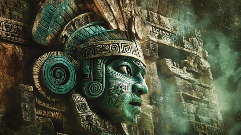 Stone relief of stylized green face integrated into carved wall