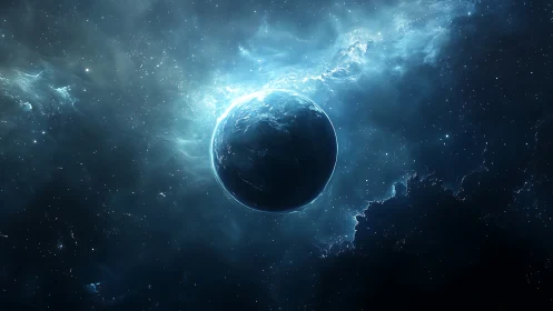 Dark planet set in blue nebula and distant starfield.