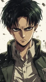 Stoic anime soldier stares ahead with intense resolve.