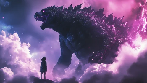 Colossal neon kaiju confronting lone silhouette in clouds.